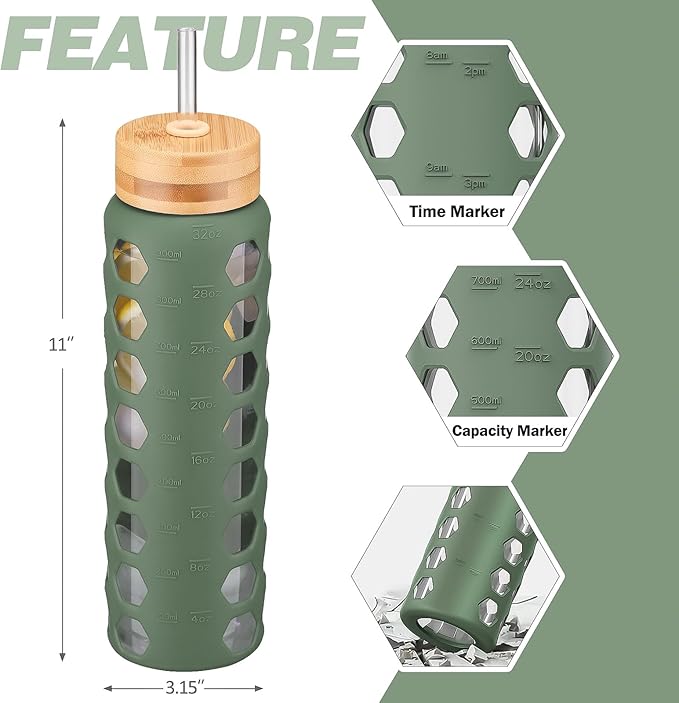MUKOKO Glass Water Bottles, 32oz Glass Tumbler with Straw, Drinking Bottles with 2 Lids-Handle Spout Lid&Bamboo Straw Lid, Motivational Water Bottle with Time Marker and Silicone Sleeve, 1 Pack-Olive