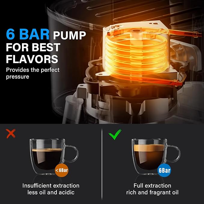 6 Bar Espresso Machine, 800W Compact Coffee Maker with Stainless Steel Cup Warmer, Steam Milk Frother, Automatic Pressure Relief, Cappuccino & Latte Maker, Black, for Home and Office