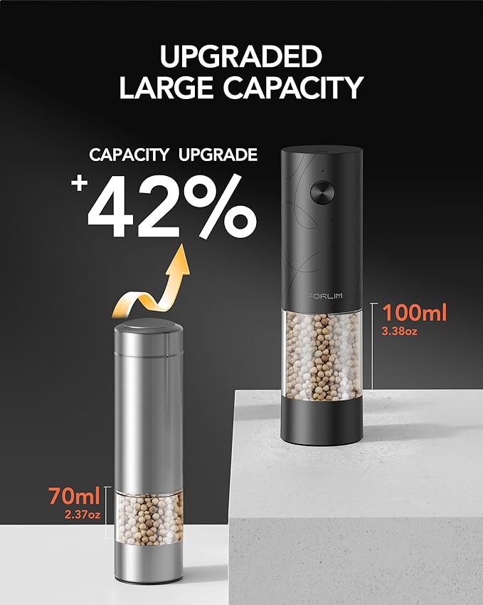 FORLIM Electric Salt and Pepper Grinder Set, USB Rechargeable, Automatic Salt Pepper Mill Grinder with Dust Cover, One-Button Control, Adjustable Coarseness, White LED Light (2 Packs, Black)