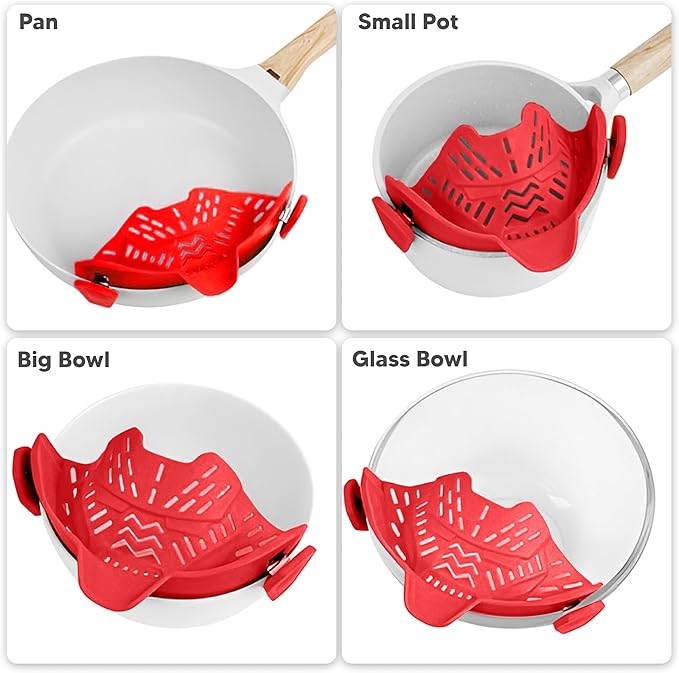 Clip On Strainer, Pot Strainer for Pasta, Vegetables, Fruit and Meat- Kitchen Silicone Strainer Colander for All Pots, Pans and Bowls (Red)