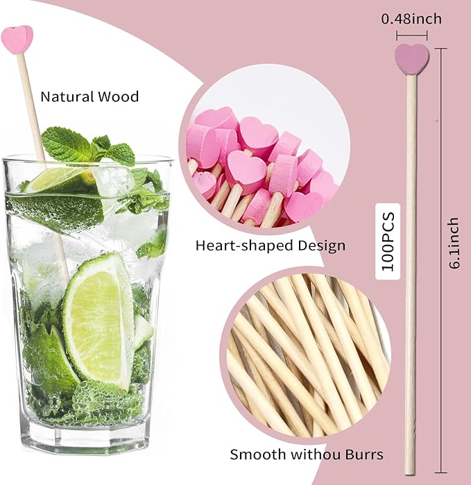 100PCS 6inch Rock Candy Sticks Wooden Swizzle Sticks for Lollipop Coffee Appetizer Skewers (Pink)