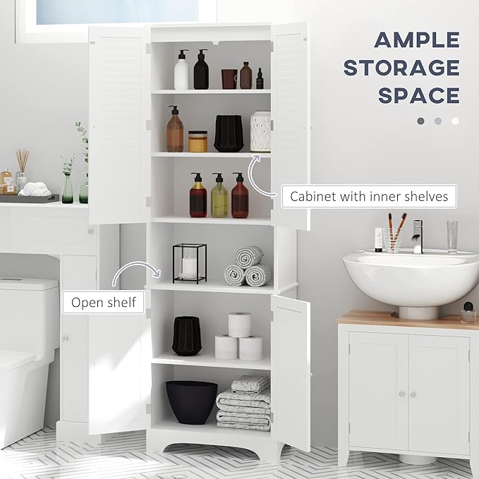 HOMCOM Tall Narrow Bathroom Storage Cabinet with Doors and Shelf Adjustability, Freestanding Linen Cabinet with 2 Cabinets and Countertop, White