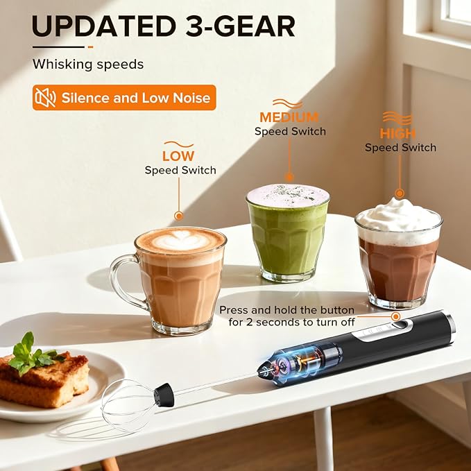 Milk Frother Handheld, 3-Speed Frother Wand USB-C Rechargeable, with 3 Detachable Whisks, Coffee Frother for Coffee,Latte, Cappuccino, Matcha, Hot Chocolate & Eggs, Electric Whisk Drink Mixer (Black)