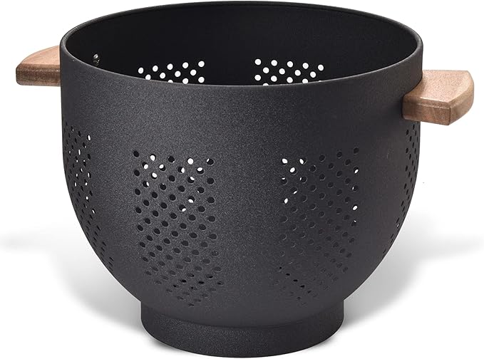 Metal Colander with Wood Handle and Stable Base, Powder Coated Steel Kitchen Strainer Basket for Draining Pasta, Vegetable and fruit (7quart,Matte Black)