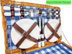 Nature Gear Picnic Basket, Wicker Basket with Handle for Outdoors, Insulated Woven Basket, Includes a Service Kit of Dinnerware & Wine Glasses, Picnic Basket Set for 4 with Blanket, Blue & White
