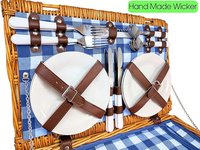 Nature Gear Picnic Basket, Wicker Basket with Handle for Outdoors, Insulated Woven Basket, Includes a Service Kit of Dinnerware & Wine Glasses, Picnic Basket Set for 4 with Blanket, Blue & White