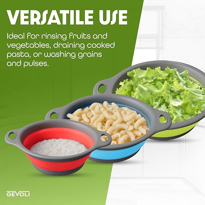 Collapsible Colanders with Self-Draining Base for Edge of Sink, Food Strainers (Small/Med/Large), Nested Design for Easy Storage (Red, Blue, Green) (4PC Set)