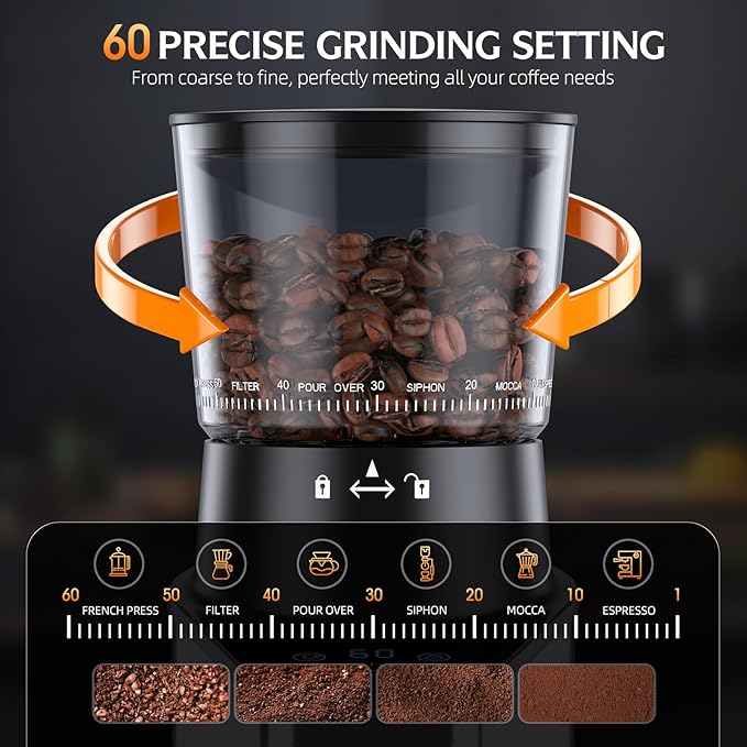 Burr Coffee Grinder Electric, Coffee Bean Grinder with 60 Adjustable Grind Settings for Home Use, Espresso Grinder with 60s Precision Timer & 1-8 Cup, Anti-static, Stainless Steel, Black(updated)