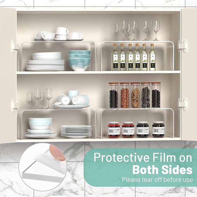 4 Packs Kitchen Cabinet Shelf Organizer, Acrylic Clear Shelf Riser, 5mm Thick Spice Rack for Dishes, Soda Cans and Cup（11.8 x 4.72 x 4.72 Inch）