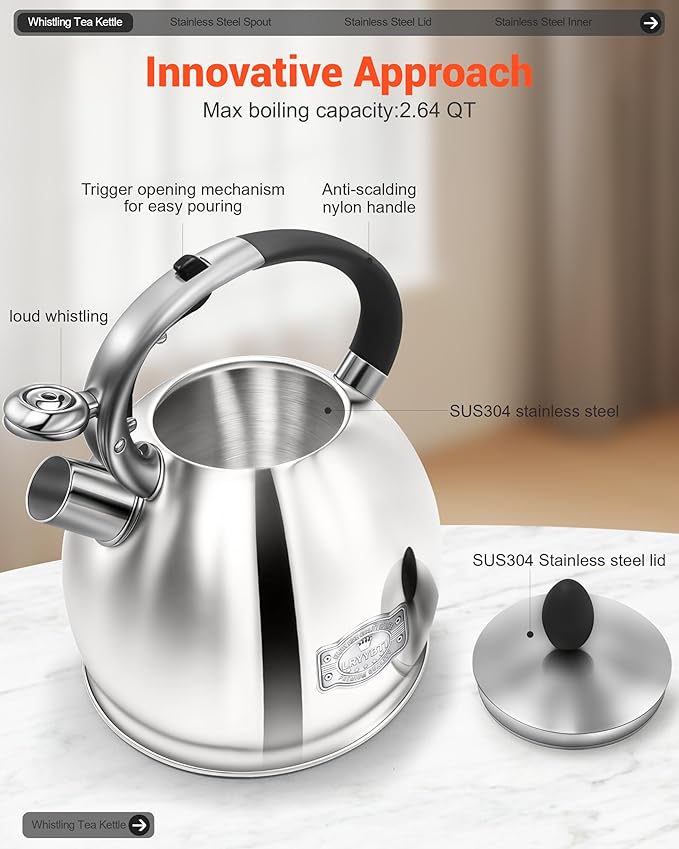Whistling Tea Kettle for Stovetop, (2.64 Quart-Mirror） Food Grade Stainless Steel Teapot of 5-layer base