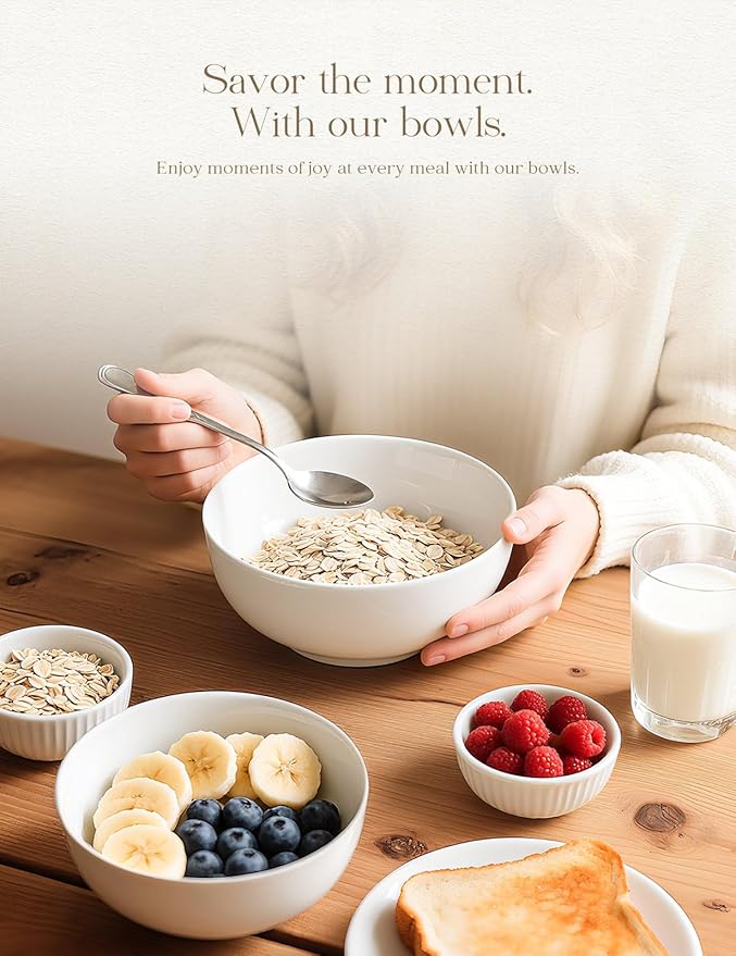 AISBUGUR 42 OZ Large Soup Bowls,Porcelain Salad Bowls Set of 4,Pho Bowls for Soup,Salad,Cereal,Pasta,Fruit,White Bowls Set for Dishwasher & Microwave Safe