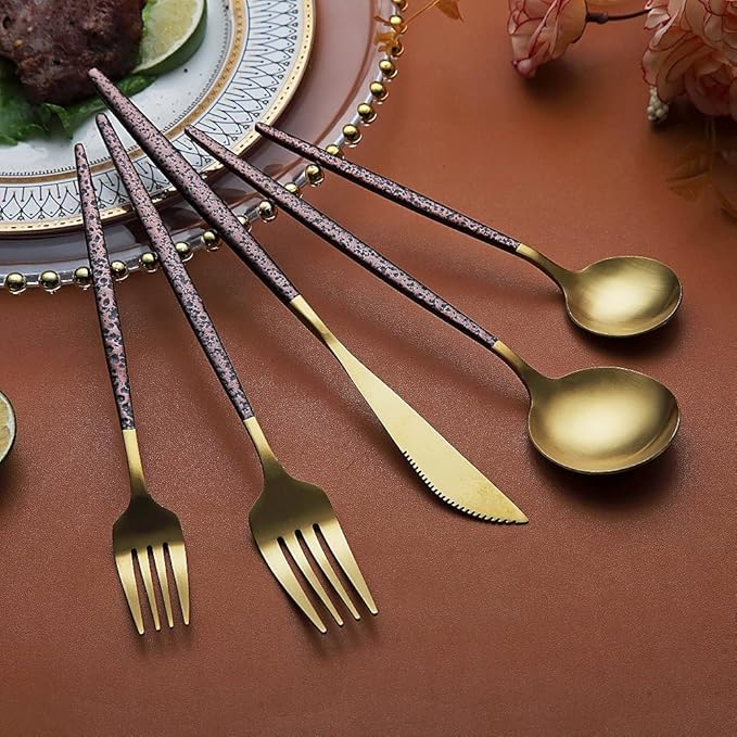 Silverware 20 Pieces, Moon Surface Handle and Matte Gold Head Flatware, Stainless Steel Cutlery Set, Utensils, Service for 4