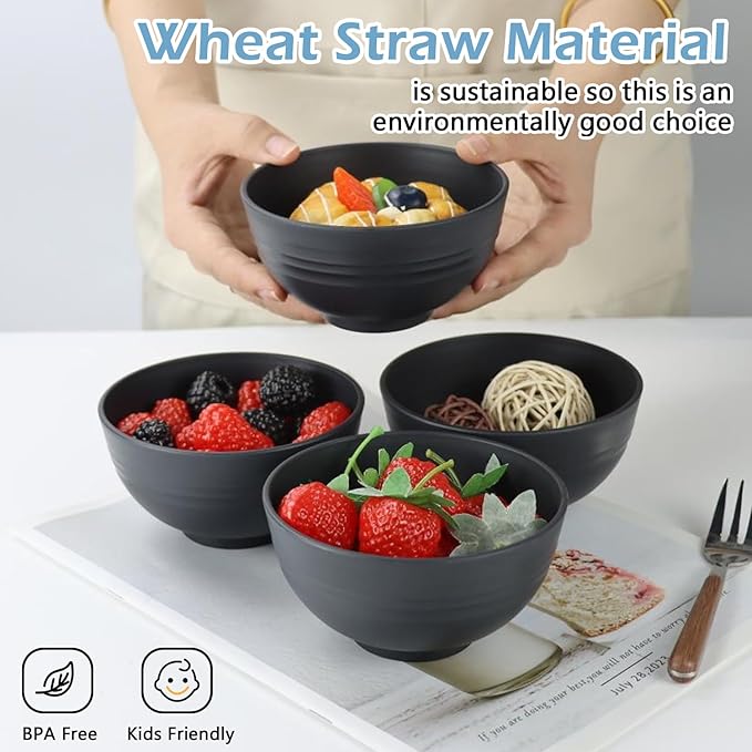 Wheat Straw Bowls Set of 8,10 OZ Small Bowls,Kids Bowls,Cereal Bowls,Plastic Bowls Reusable,Unbreakable Ice Cream Bowls for Dessert,Snack,BPA-Free,Dishwasher & Microwave Safe Bowls for Kitchen,Black