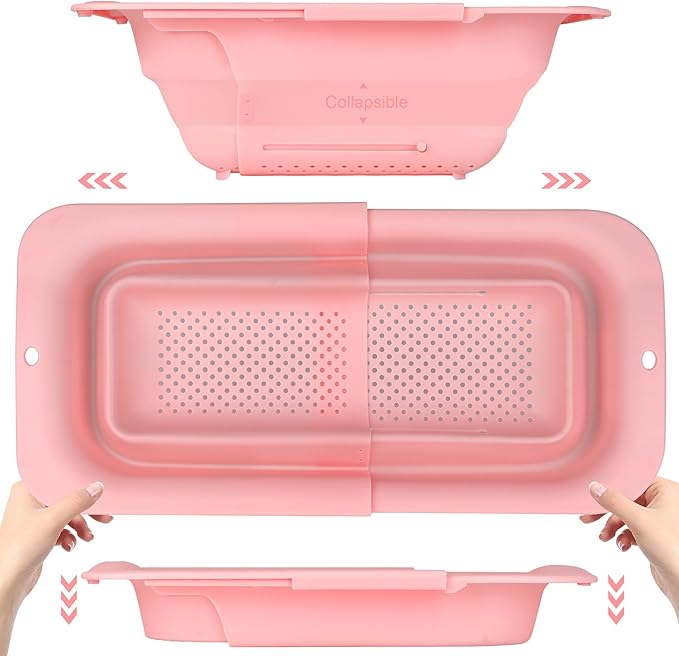 ROTTOGOON 7Qt Collapsible Colander Strainer, Expandable Over the Sink Colanders, Adjustable Silicone Kitchen Sink Strainer, Foldable Large Colander Basket to Wash Vegetable, Fruit, 15" to 19.11", Pink