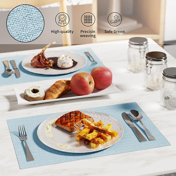Cloth Placemats, Set of 6 Heat-Resistant Cotton Linen Blend Double Layered Machine Washable Place Mats, Wrinkle Free Thick Fabric Dining Table Mats for Indoors & Outdoors (Sky Blue, 6)