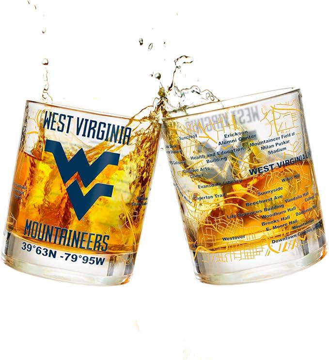 Greenline Goods – University of West Virginia Mountaineers College Whiskey Glasses (Set of 2), 10 oz – Full-Color Logo + Campus Map