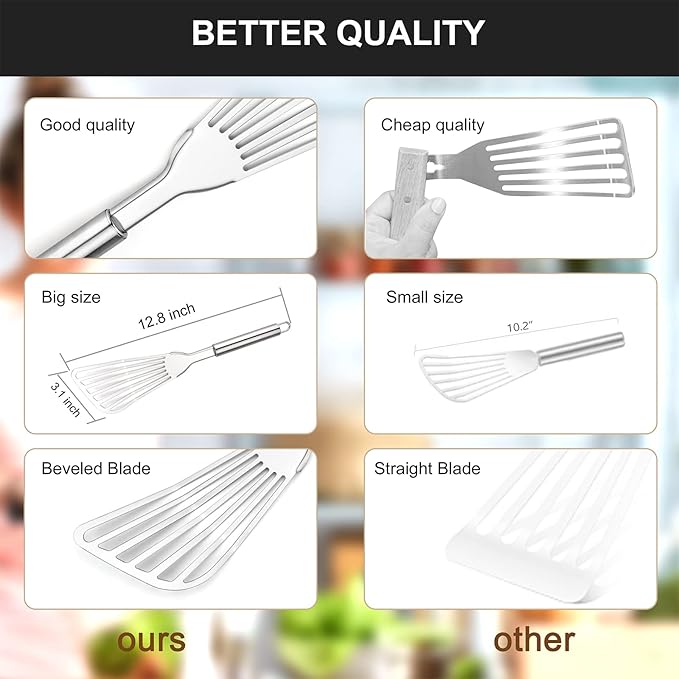 2-Piece Premium Fish Spatula Set, Big Size Stainless Steel, Thickness Blade Turner for Cooking, Flipping, Frying and Grilling
