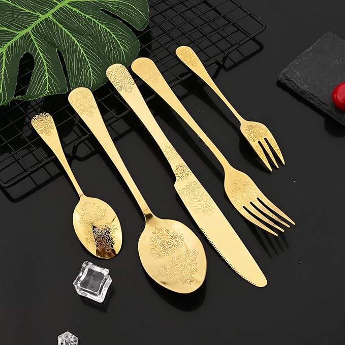 JASHII 20-piece Silverware Flatware Set Vintage Carved Floral Pattern Eating Utensils Stainless Steel Knife Fork Spoon Set Mirror Polished Dishwasher Safe - Gold