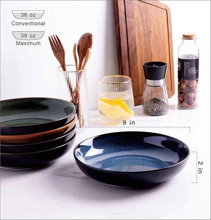 LERATIO Large Pasta Bowls,38oz Ceramic Pasta Bowls,9.0" Reactive Glaze Pasta Bowl Set of 6,Microwave & Dishwasher,Oven Safe,Wide Serving Bowls for Salad,Pasta,Fruit,Scratch Resistant-Colorful