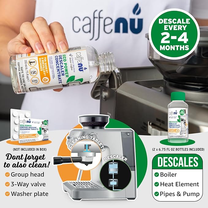 Breville Compatible Descaling Solution. 2 Bottles of Descaler Solution. Descaling Kit Removes Limescale For Hotter Coffee. 4 Uses Descaler For Breville Coffee Machines.