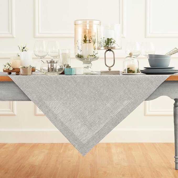 Solino Home Linen Tablecloth 52 x 52 Inch - 100% Pure Linen Square Table Throw - Athena, Machine Washable Oyster Grey Tablecloth for Summer, Fall, Autumn, Halloween