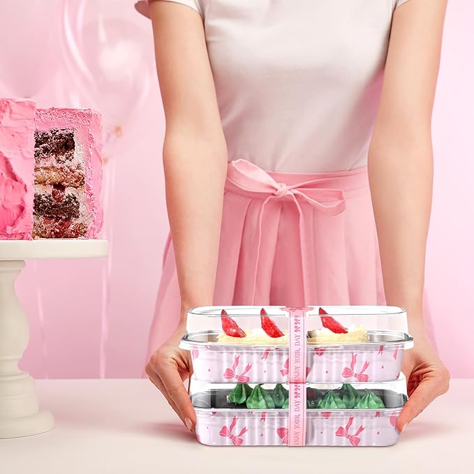 Tioncy 50 Pcs Mini Pink Bow Loaf Pans with Lids Spoons Sticker Cute Pink Bow 6.8oz Disposable Rectangle Aluminum Foil Baking Pans Muffin Cupcake Cups for Picnics Wedding Birthday Baby Shower