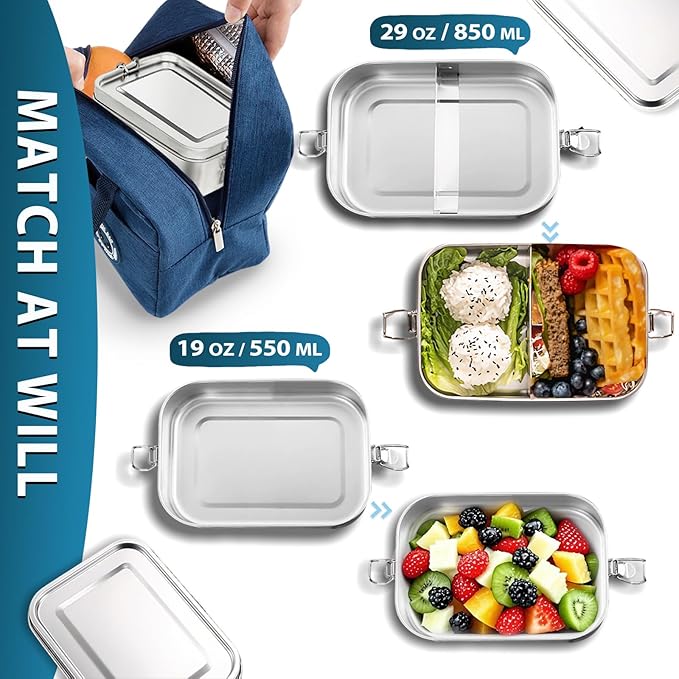 Stainless Steel Lunch Container 2 Pack 304 stainless Steel Bento Box Kids Adult(29oz/19oz),Leak Proof Stainless Steel Snack Containers With 1 Compartment and Lunch Bag