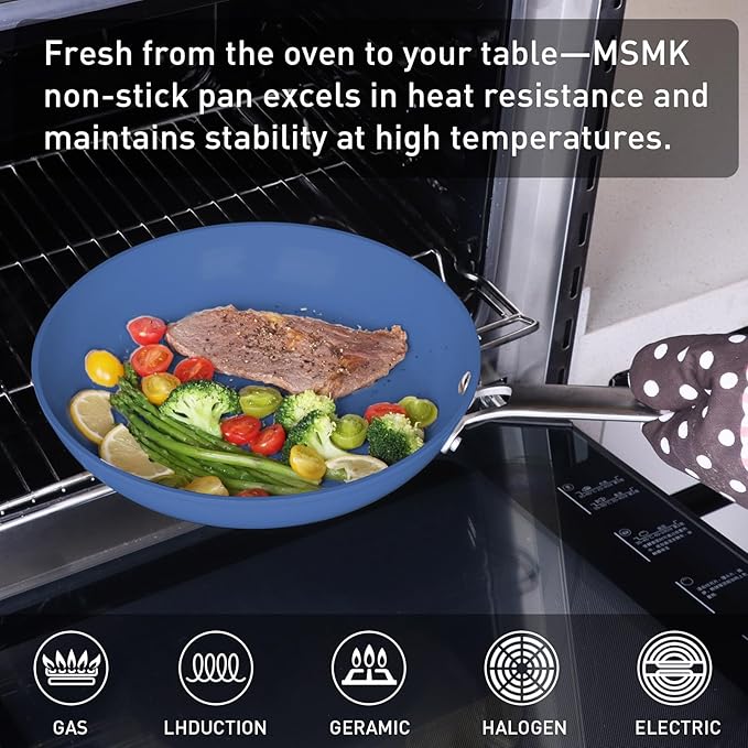 MsMk Blue 8" + 9.5" + 11" Ceramic Non Stick Frying Pans Sets, PFOA Free Non-Toxic, Scratch-resistant, Oven-Safe, Induction Ready, Compatible with All Cooktops