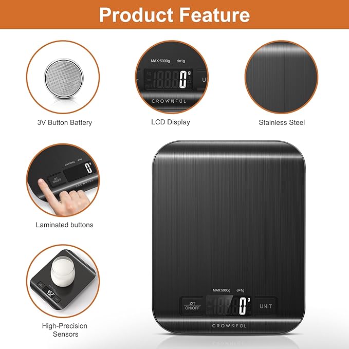 CROWNFUL Food Scale, 11 lb Digital Kitchen Scales with Built-in Coin Battery, Weight Ounces and Grams for Cooking and Baking, 6 Units with Tare Function, LCD Display, 304 Stainless Steel, Black