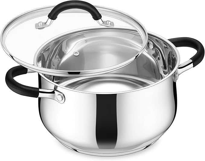 E-far 6 QT Stainless Steel Pot, Stock Cooking Pot with Visible Lid for Simmering Soup Pasta, Tri-Ply Thick Base for Induction Gas, Dual Silicone Handles for Heat Proof, Non-Toxic & Dishwasher Safe