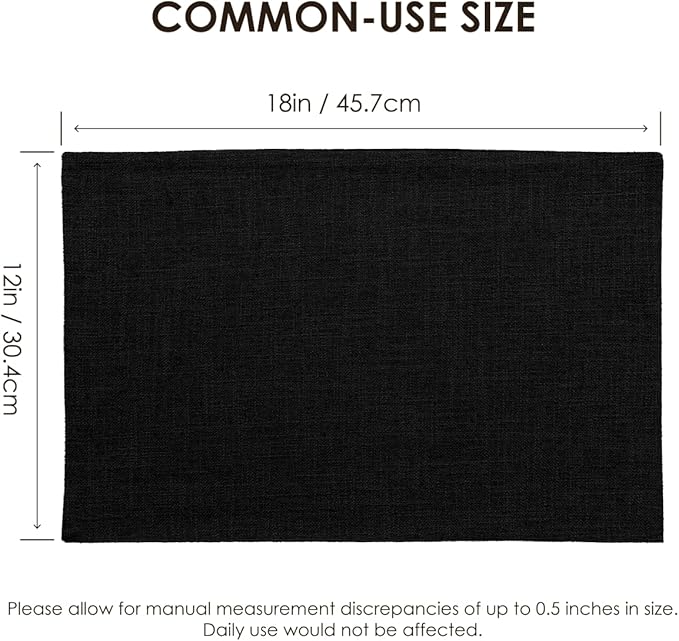 Placemats Set of 6, Bilayer Thickened Linen Place Mats Heat Resistant Machine Washable Wrinkle Free Carefully Selected Polyester Mats for Kitchen/Dining/Coffee Table (Black)