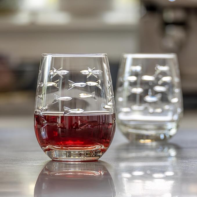 Rolf Glass School of Fish Clear Stemless Wine Glass | Set of 4 Stemless Glasses | 15oz Glass Tumblers | Engraved Lead-Free Coastal Glassware | Made in the USA