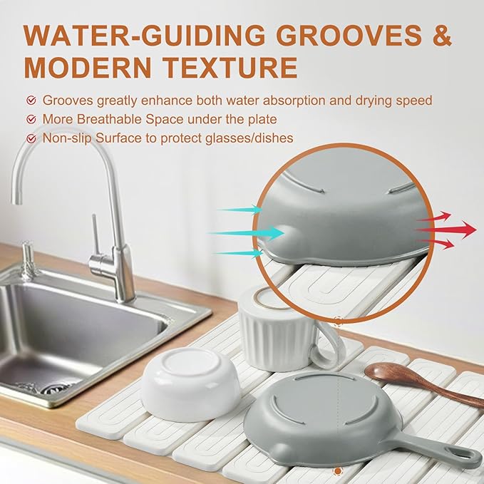 Stone Dish Drying Mat for Kitchen Counter,16"x12",Roll Up Self Drying Dish Mat with Water-Guiding Grooves, Natural Diatomite Quick Dry Stone Mat for Dishes & Utensils