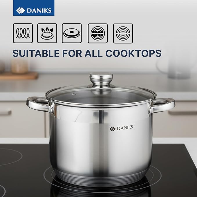 Daniks Standard Stainless Steel Stock Pot with Glass Lid – Induction 10 Quart, Dishwasher Safe, Measuring Scale, For Soup, Pasta, Stew, Silver