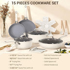 Ammeloo 15-Piece Ribbed Ceramic Cookware Set, Pots and Pans Set Non Stick, Induction Ready, Healthy Non Toxic Kitchen Cooking Set PFAS/PFOA/PTFE-Free, Silicone-wrapped Stay-Cool Handle