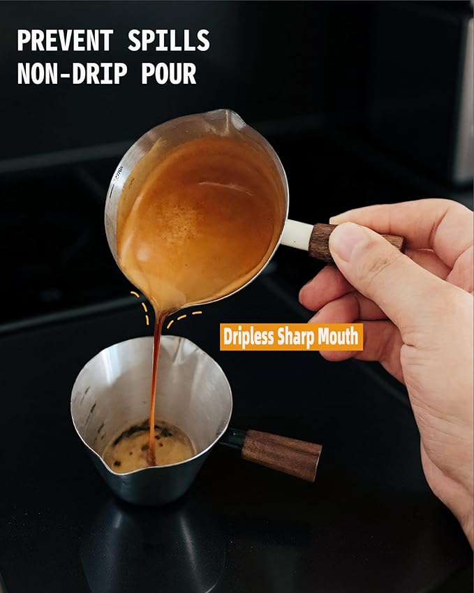 Stainless Steel Espresso Cup - Espresso Shot Cup with Wooden Handle -Measuring Cup with Double Spouts - 4.1OZ/120ML, Bright Silver