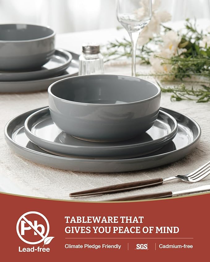 Famiware Milkyway Plates and Bowls Set, 12 Pieces Dinnerware Sets, Dishes Set for 4, Dark Gray