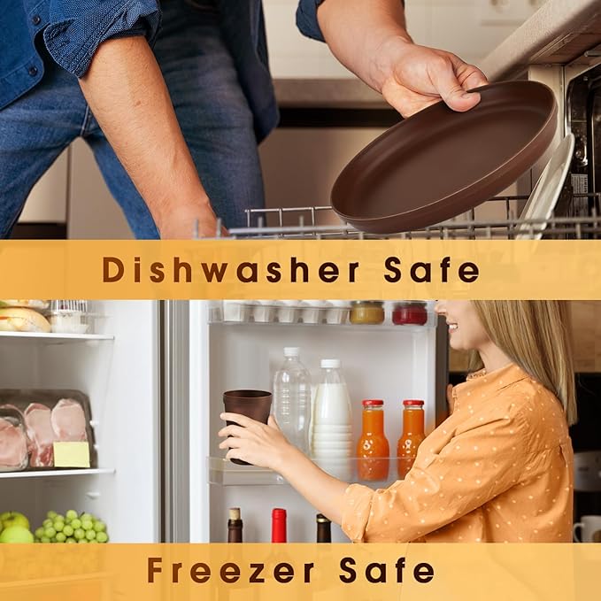 Plastic Dinnerware Sets – Brown Plastic Plates, 40-Piece Reusable Dishes Set for 8 with Cups, Forks, Knives and Spoons, Unbreakable Plates and Bowls for Camping, Outdoor Use