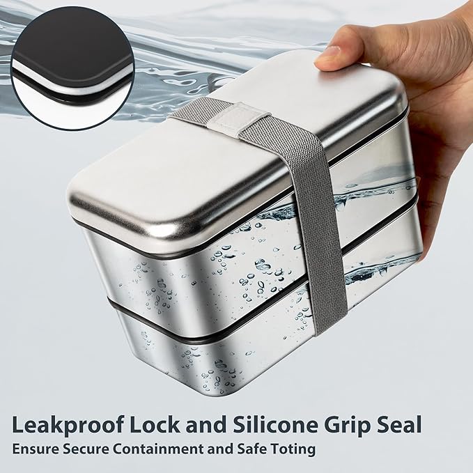 Stackable Stainless Steel Bento Box for Adults with Snack Container, Metal Leak-Proof Food Containers with Detachable Divider, Double Layer Bento Lunch Box for Work Travel, BPA-Free, Dishwasher Safe