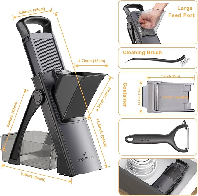ONCE FOR ALL Safe Mandoline Slicer For Kitchen, Biger Size, Adjustable Vegetable Chopper Food Slicer Potato French Fry Cutter with Peeler, Detachable, Kitchen Chopping Artifact (Black)