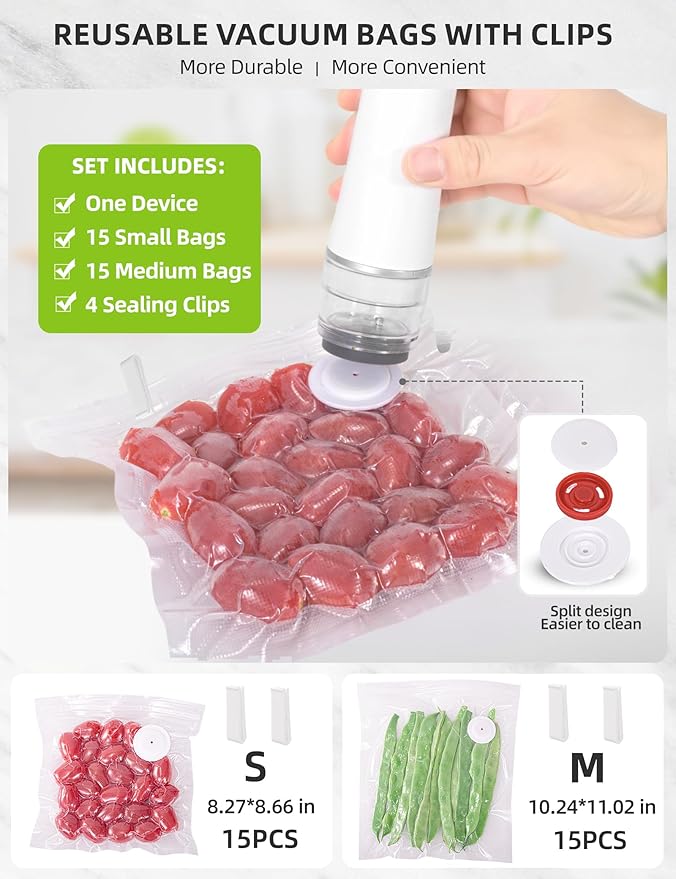 Vacuum Sealer Set (Vacuum Sealer Machine + 30 Reusable Vacuum Bags) Handheld Vacuum Sealer for Food, Portable Vacuum Sealer Machine with Auto-Stop & Detachable Filter, 5X Freshness Lock