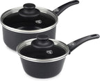 GreenLife Soft Grip 1QT and 2QT Saucepan Set, Healthy Ceramic Nonstick, Non Toxic PFAS & PFOA-Free, Dishwasher Safe, Glass Lids, Stay-Cool Handles, Easy Clean Cookware, Kitchen Essentials, Black