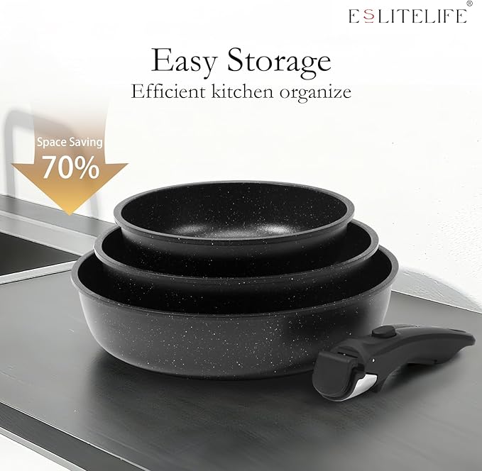 ESLITE LIFE Nonstick Cookware Sets with Detachable Handle,Ceramic Coating Pots and Pans Set Kitchen Cooking Set, Compatible with All Stovetops, PTFE & PFOA Free, Black, 10 Pcs Set