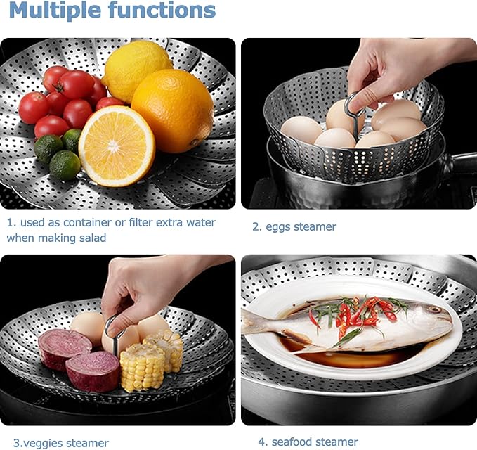 Vegetable Steamer Basket, 304 Stainless Steel Steamer for Cooking, Expendable Food Steamer to Fit Various Size Pot (6.4" to 10.2" + 7.3" Kitchen Tong)