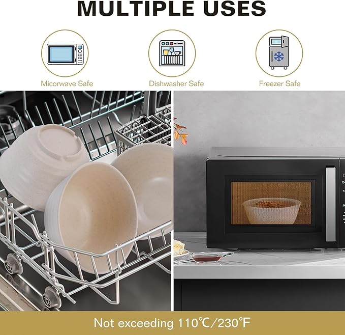 34 Oz Large Cereal Bowls, Unbreakable Wheat Straw Dinnerware Sets with Spoons, White Plastic Soup Bowls Reusable Microwave Dishwasher Safe Set of 6 for Kitchen RV Salad Ramen Ice Cream, Beige