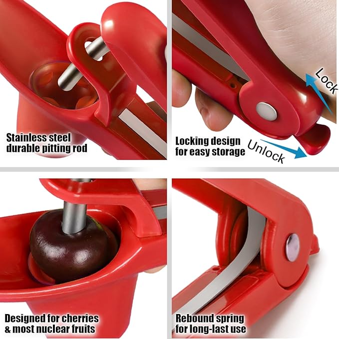 SCHVUBENR Cherry Pitter Tool - Stainless Steel Cherry Corer Pitter with Ergonomic Push Design - Easy to Use for Making Cherry Jam - Pit Cherry with Ease, Saving Time & Space with Lock Design(Red)