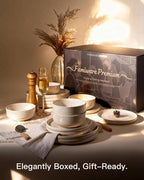 Plates and Bowls Sets for 6, Famiware Premium 18-Piece Stoneware Dinnerware Set, Spiral Flared Dish Set with Speckles & Reactive Glaze - Microwave & Dishwasher Safe Tableware, Shell Beige