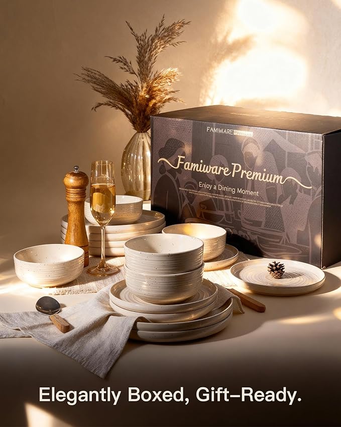 Plates and Bowls Sets for 6, Famiware Premium 18-Piece Stoneware Dinnerware Set, Spiral Flared Dish Set with Speckles & Reactive Glaze - Microwave & Dishwasher Safe Tableware, Shell Beige