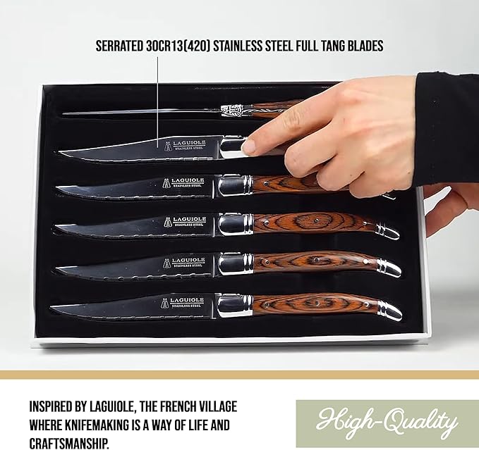 Trudeau Laguiole Steak Knives Set of 6 – Premium Stainless Steel Serrated Blades with Pakkawood Handles – Dishwasher Safe Steak Knife Set for Dinner, BBQ, or Gifting – Rustic Elegant Design