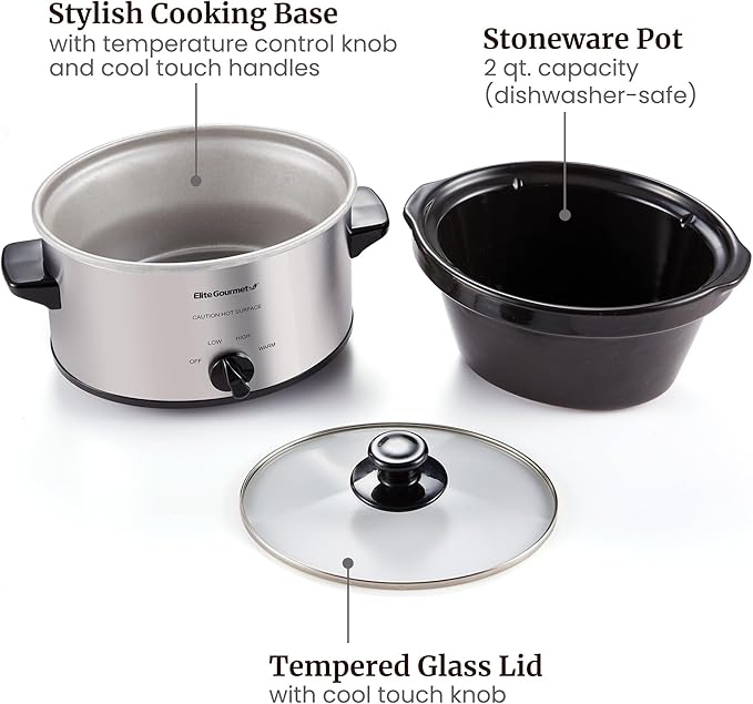 Elite Gourmet MST-275XS Electric Oval Slow Cooker, Adjustable Temp, Entrees, Sauces, Stews & Dips, Dishwasher Safe Glass Lid & Crock (2 Quart, Stainless Steel)